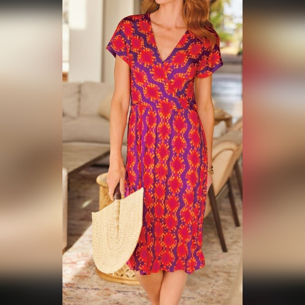 Soft Surroundings Kaveri Midi Dress Orange Pink Purple Tie Dye Dolman Slv Medium